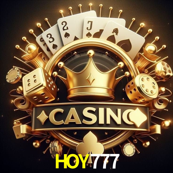 Escena dinámica inspirada en casino con iluminación HOY777, cartas, fichas e íconos de juegos digitales en un espacio moderno de juegos.