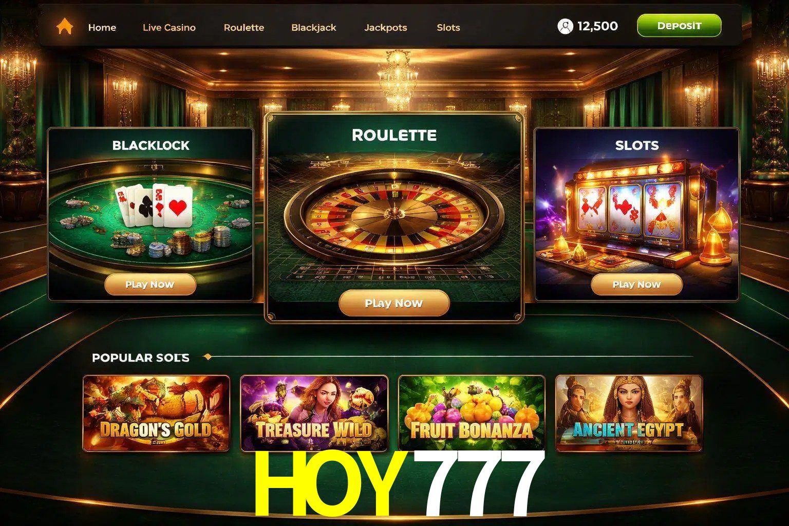 Vista de la plataforma HOY777 Casino mostrando categorías organizadas de juegos en línea